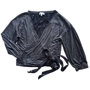 EXPRESS Negin Mirsalehi Women M Black Metallic Tie Front Balloon Sleeve Wrap Top